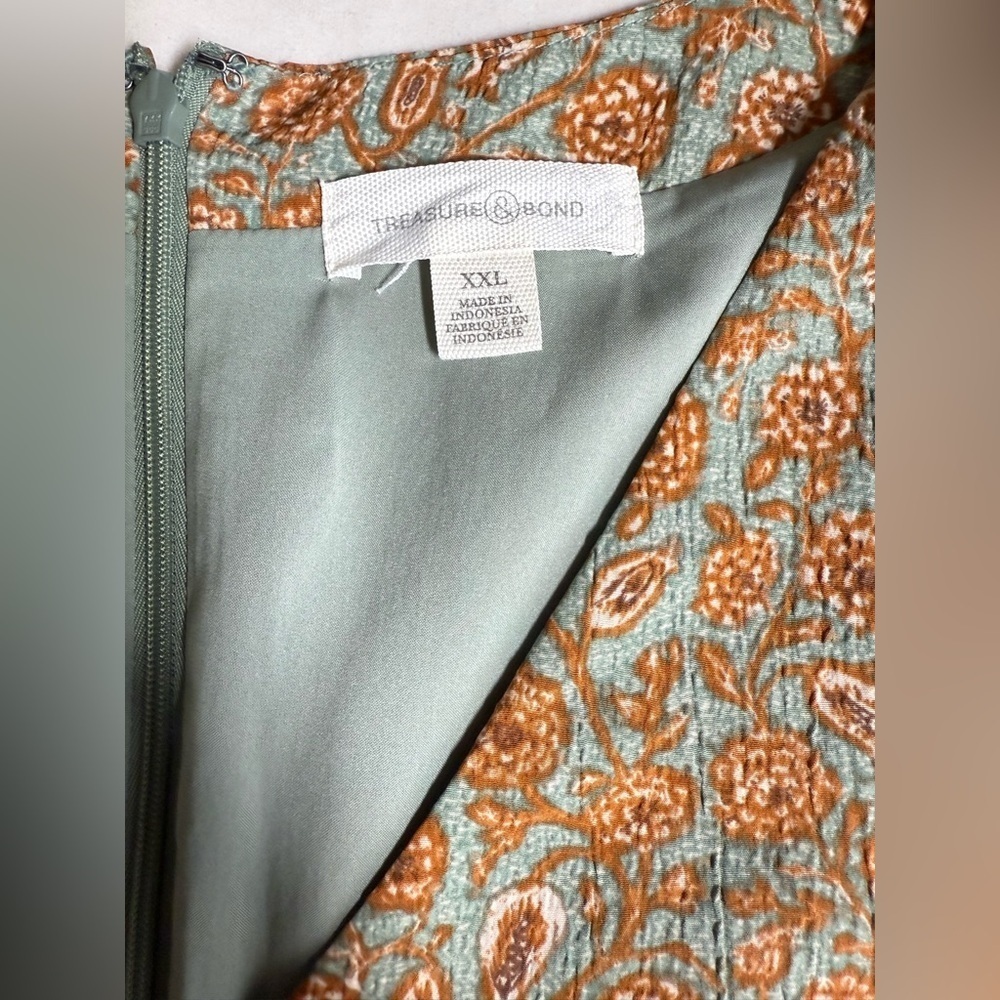 TREASURE & BOND Moss green and orange paisley puff sleeve shift dress size XXL. - Picture 10 of 13